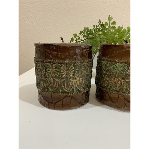 Vtg Ornate Bronze Gold Green Acanthus Leaf Snake Skin Pillar Candles Lot Of 3 - Picture 6 of 8